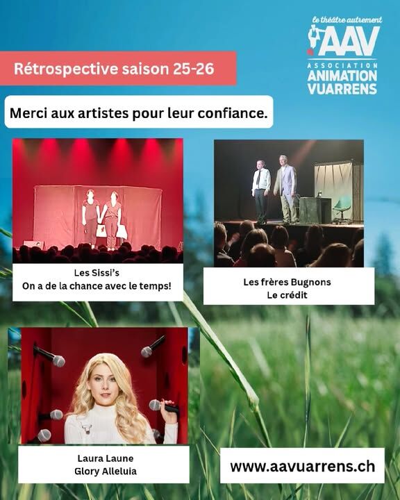 Petite rétrospective de notre saison 2025-2026. Un immense MERCI à vous tous, les spectateurs et spectatrices, les artistes, les bénévoles, les sponsors pour votre confiance! #arnaudtsamere #BrigitteRosset #marcdonnetmonay #MarieTheresePorchet #YannLambiel #DJMrW #noelantonini #karimslama #lessissis #AnneCarrard #JeanCharlesSimon #CarlosHenriquez #lesfreresbugnon #lauralaune #echallenstourisme #culture #vuarrens #aavuarrens